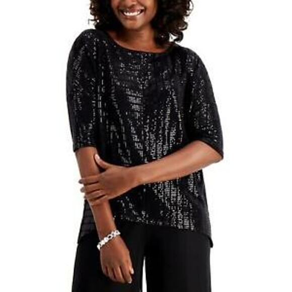 JM Collection Sequin‎ Top Half Sleeve Black Small Scoop Neck Asymmetrical Hem - Picture 3 of 9